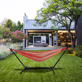 HAOYYE Portable Outdoor Hammock Set with Durable Polyester Fabric and Heavy Duty Steel Stand Ideal for Camping Travel Patio Garden Indoor and Outdoor Use Red